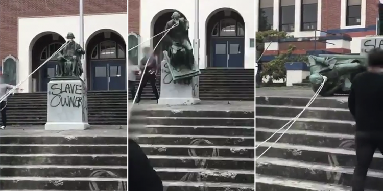 VIDEO/ Protestat në SHBA dalin jashtë kontrollit, rrëzohet edhe statuja e “babait” të kombit Thomas Jefferson