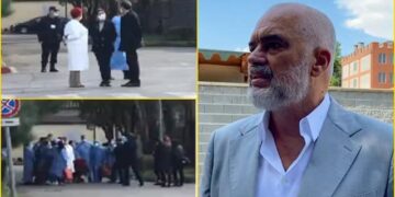 Kryeministri Rama surprizon stafin e Infektivit për festën e Krishtlindjeve, shfaqet me buqetë me lule në dorë dhe bën gjestin e madh