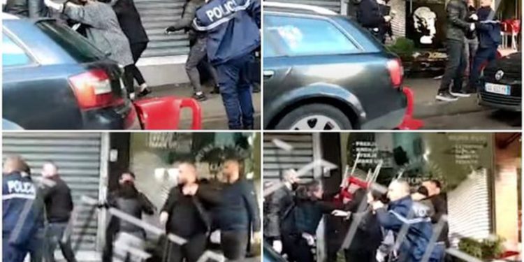 Plas keq sherri në Tiranë! Burra e gra ‘fluturojnë’ karriget në ajër: Efektivi i policisë nxjerr armën që t’i ndalojë, goditet me sende të forta e grushte dhe një gazetar (VIDEO)