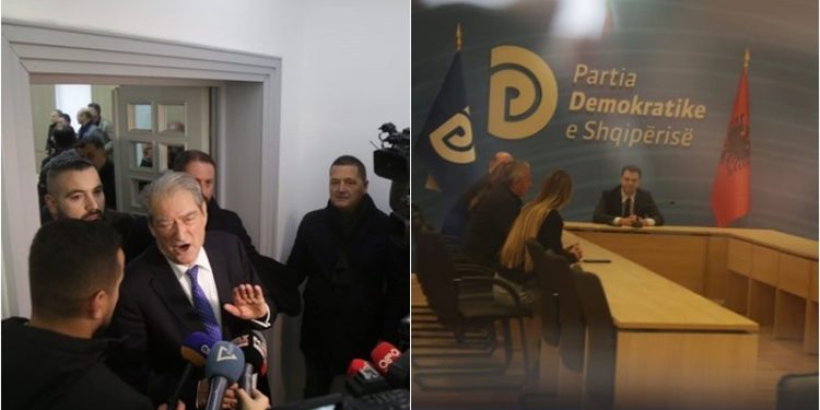Berisha zbarkon me ndjekësit e tij në selinë blu për të larguar Bashën, kreu i PD zhvillon mbledhje në zyrën ngjitur