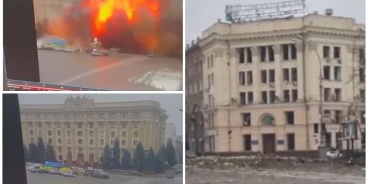 VIDEO tragjike/ Momenti paniku kur raketa rusa shkatërron institucionin në qendër të Kharkivit, flakët dhe tymi përpijnë gjithë godinën dhe makinat pranë