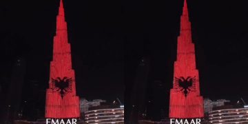 Krenari! Ndërtesa më e lartë në botë vishet me flamurin shqiptar nga “EMAAR” (Video)