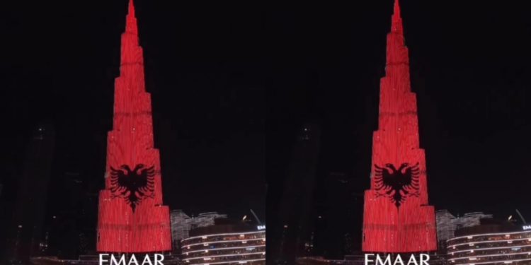 Krenari! Ndërtesa më e lartë në botë vishet me flamurin shqiptar nga “EMAAR” (Video)