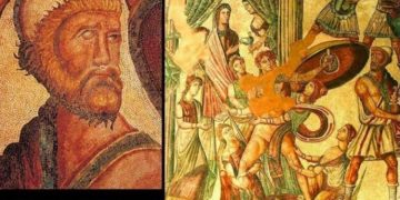 Pamja mozaike e Uliksit shqiptar me plis, ne Vila Romana La Olmeda, shekulli IV P.K